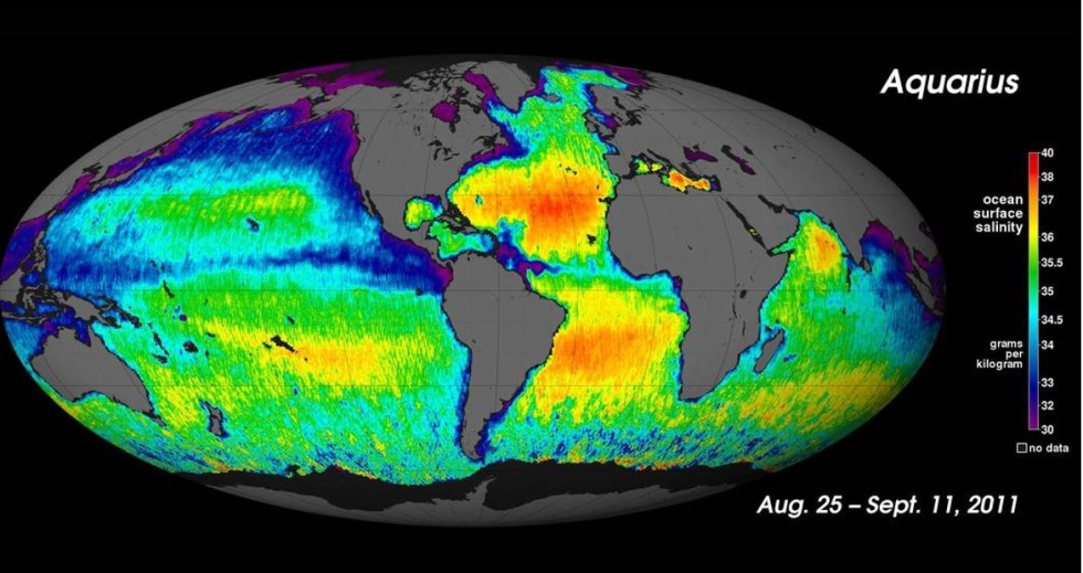 This graphic from the Aquarius mission shows sea surface salinity measurements around the globe. Areas of yellow, orange, and red show high salinity. Blues and purples indicate areas of low salinity.